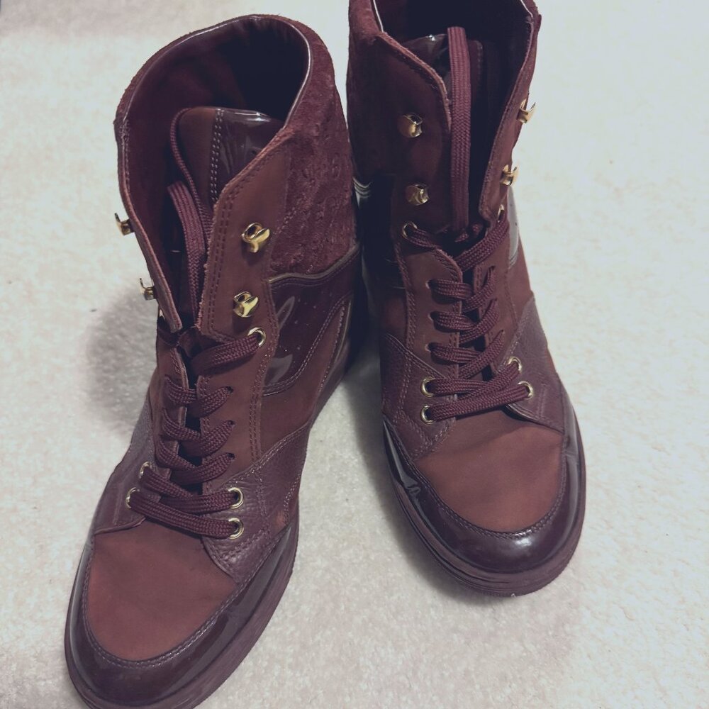 Louis Vuitton burgundy cliffhanger wedge sneakers 6 cm internal wedge
